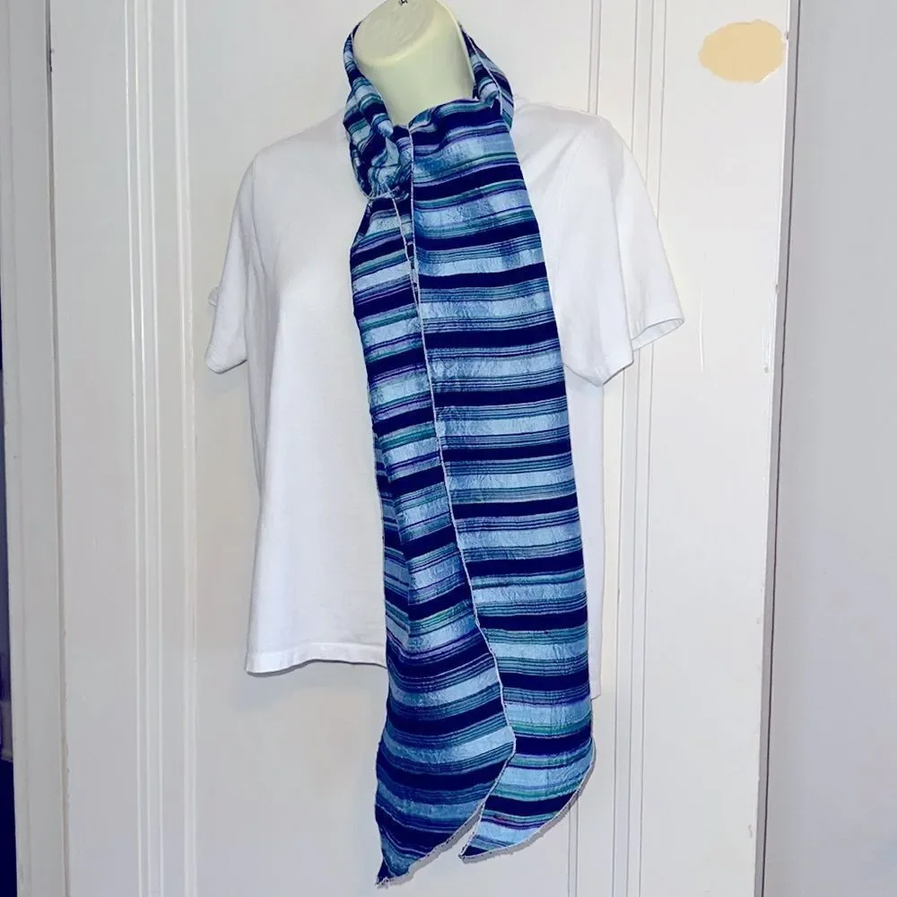 Striped light blue, purple, green, red & navy blue striped shantung silk scarf